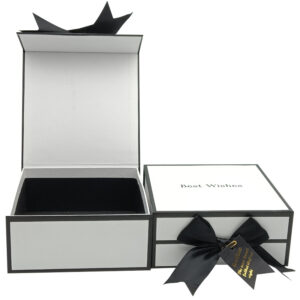 9.custom Luxury White Magnet Flip Clothing Paper Box Foldable Magnetic Closure Gift Boxeswith Black Ribbon (4)